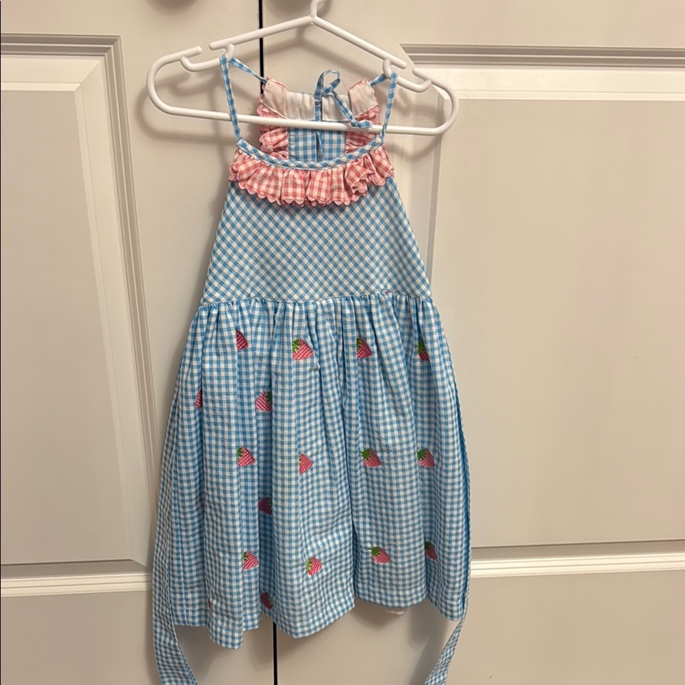 Blue Gingham Dress with Strawberry Embroidery